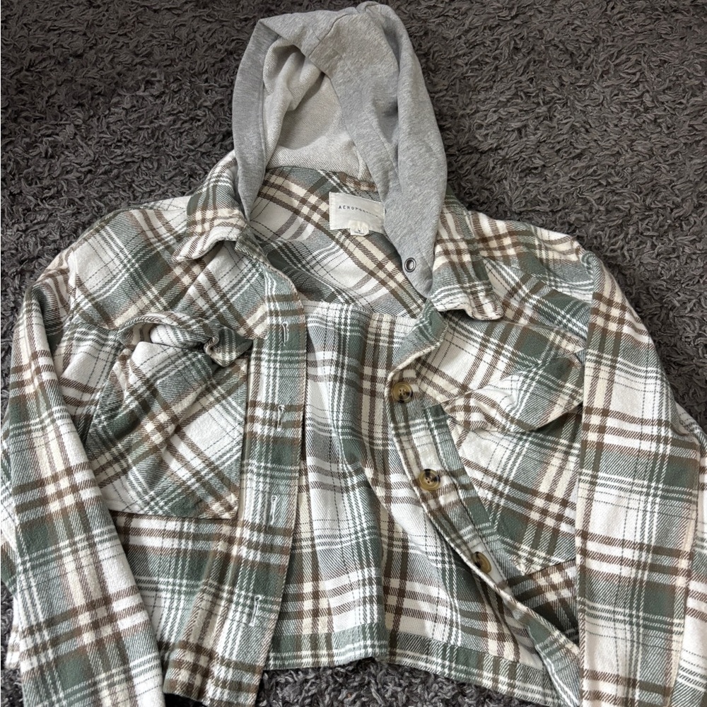Aeropostale Green Plaid Jean Jacket with Hood cropped